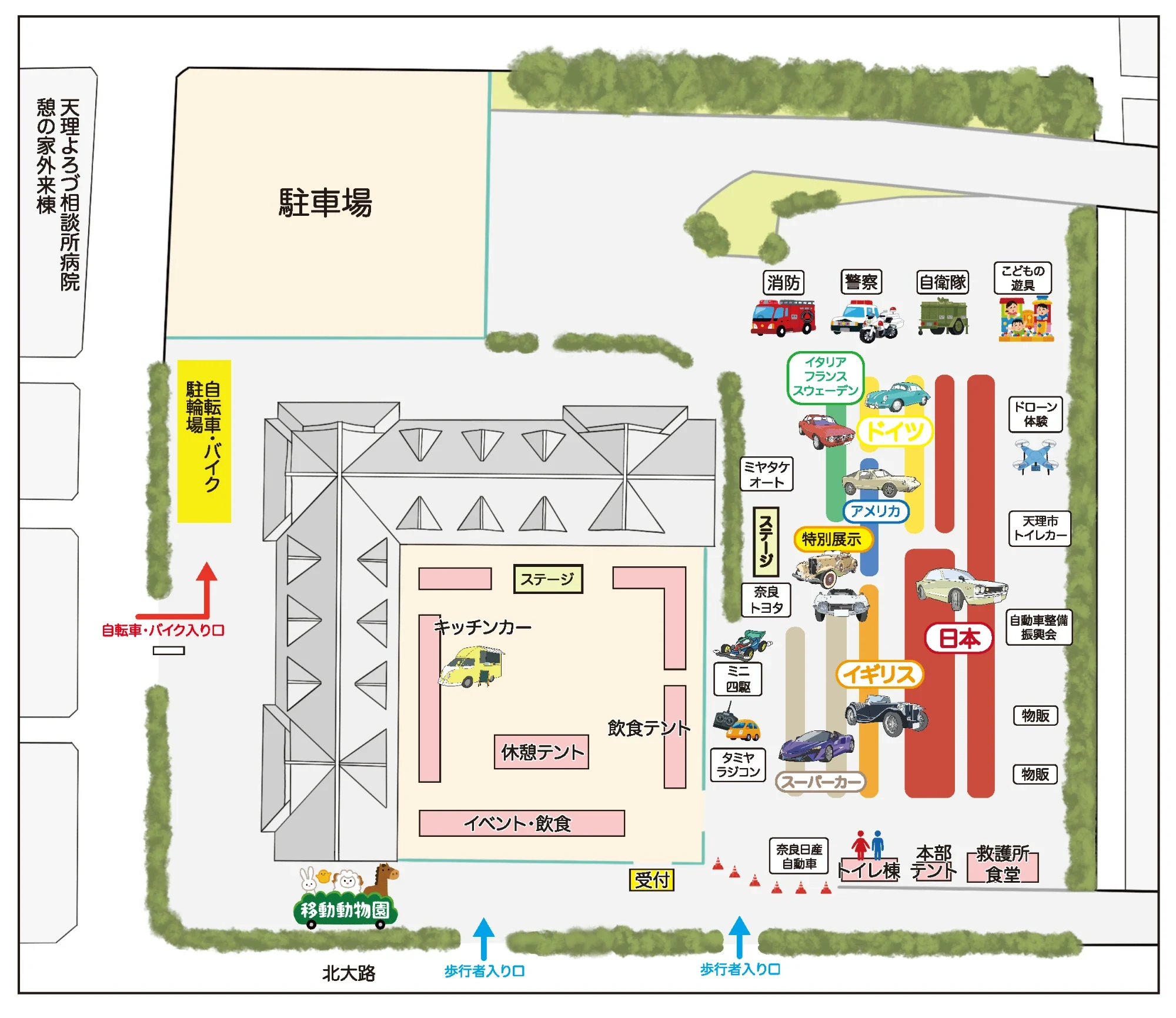 会場マップ。展示エリア、ステージ、飲食、受付、トイレなどの配置図